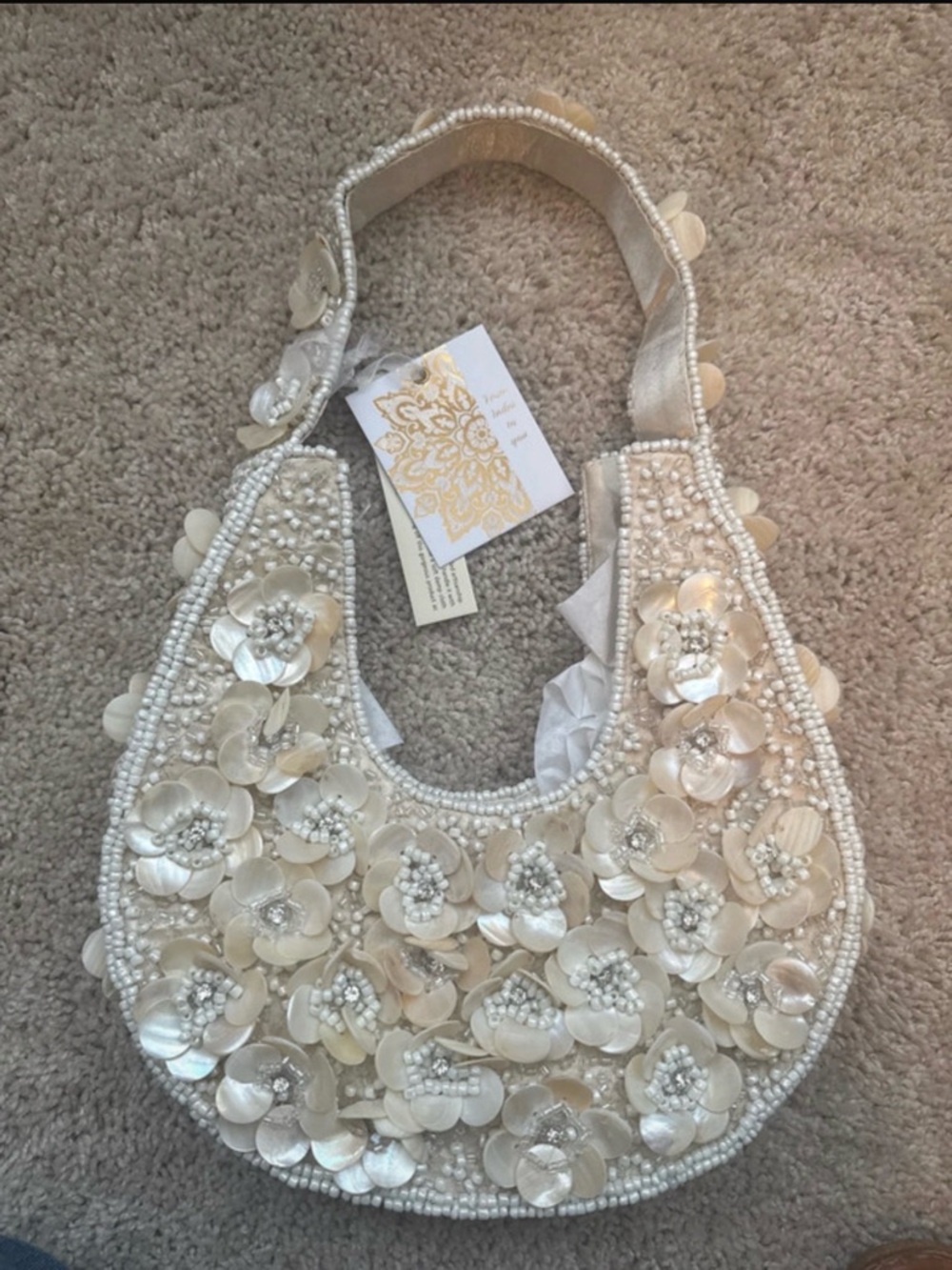 Embellished Ivory Floral Beaded Shoulder Bag